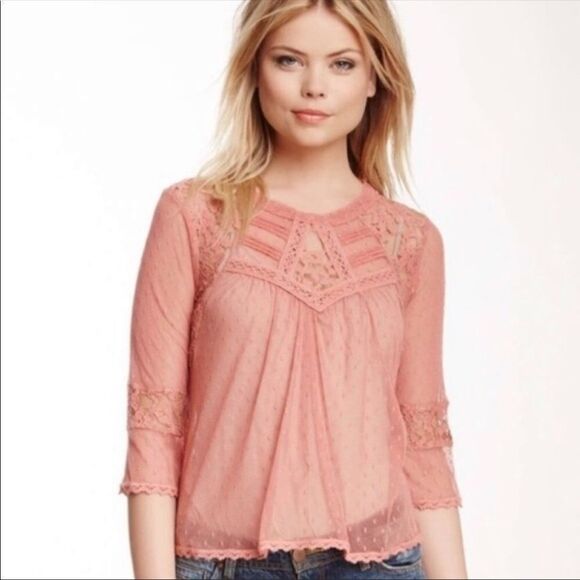 Free People Modern Romance Rose Pink Sheer Lace Top Boho Size XS - Picture 1 of 9